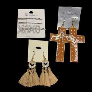 Set of 3 XOXO Hair Pins Cross Dangle Earrings Tassel Earrings Boho Statement